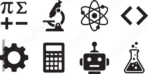 A collection of black silhouette icons representing science, technology, engineering, and mathematics concepts