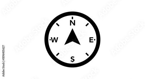 A simple black and white compass icon showing the direction north on a white background