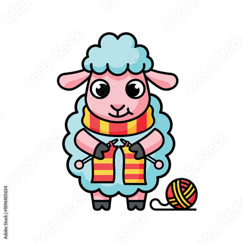 Cute Sheep Knitting Yarn Cartoon Mascot Vector