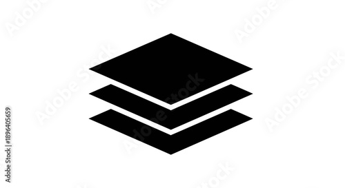 A minimalistic black icon representing three stacked layers in an isometric perspective