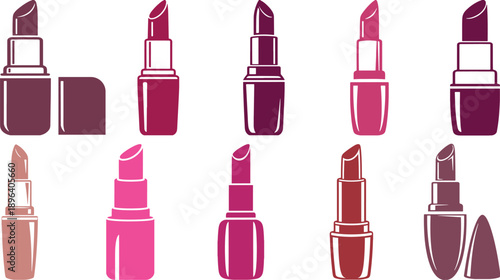 Stylish Lipstick Cosmetics Flat Icon Set in Pink and Burgundy Shades