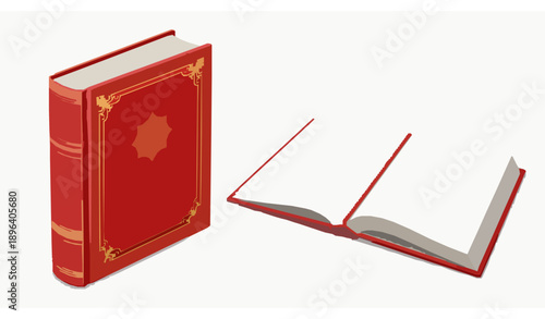 Closed and open 3D hardcover book vector mockup with red cover and gold trim