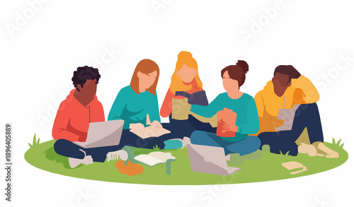 Campus yard students vector illustration with diverse teenagers studying and snacking outdoors