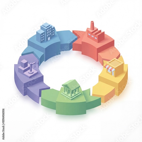An isometric circular illustration representing an economic ecosystem, showing interconnected sectors such as industry, commerce, government, finance, construction, and urban development.