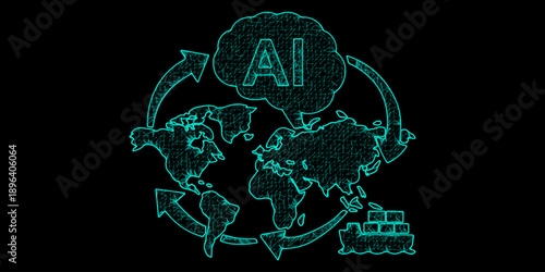 Global AI Supply Chain and Logistics Network - Cyan Neon Digital Mesh with World Map, Cargo Ship, and Artificial Intelligence