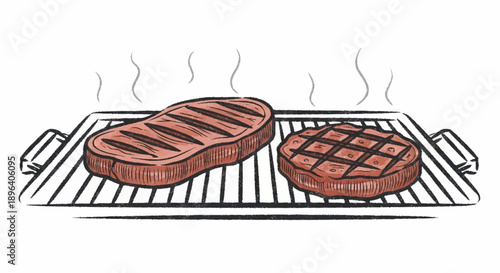 Two delicious steaks cooking on a barbecue grill with steam rising.
