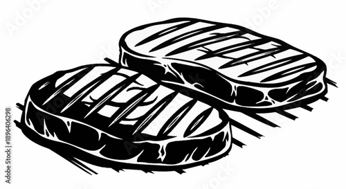 Two grilled steaks on a barbecue grill illustration.