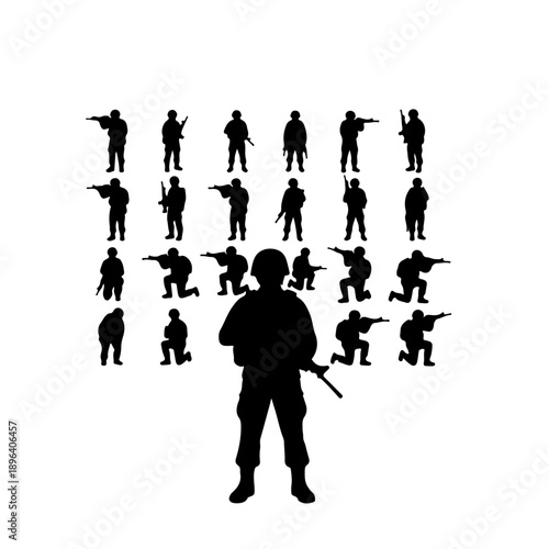 Large collection of military soldier silhouettes in various combat poses and tactical gear.