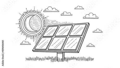 Sketch of a solar panel under the sun with clouds in the background. The panel is set on grass, conveying a theme of renewable energy.