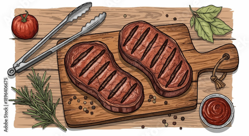 Two grilled steaks on a wooden cutting board with tongs and herbs.