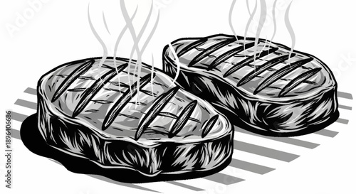 Two grilled steaks with grill marks and steam rising.