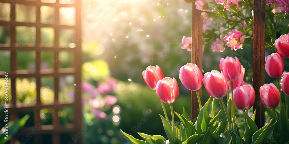 custom made wallpaper toronto digitalSunlit Red Tulips Blooming Beside Wooden Garden Trellis