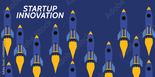 Rocket launch in web banner. Concept of startup innovation, business planning, startup project, project business, growth strategy in flat design vector illustration.