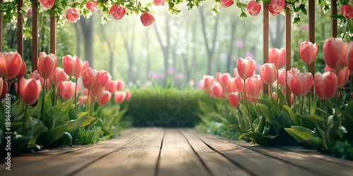 Wallpaper Mural Wooden Garden Walkway Framed by Blooming Red Tulips Torontodigital.ca