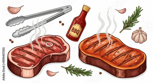 Two juicy grilled steaks with BBQ sauce and garlic.