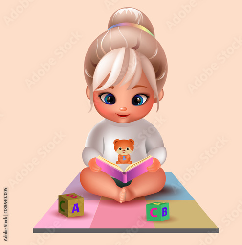 Cute little girl with a book. The child learns to read.