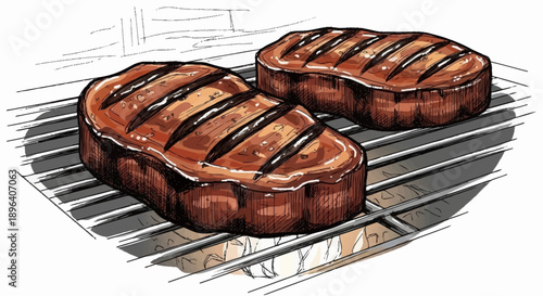 Two juicy grilled steaks on a barbecue grill.