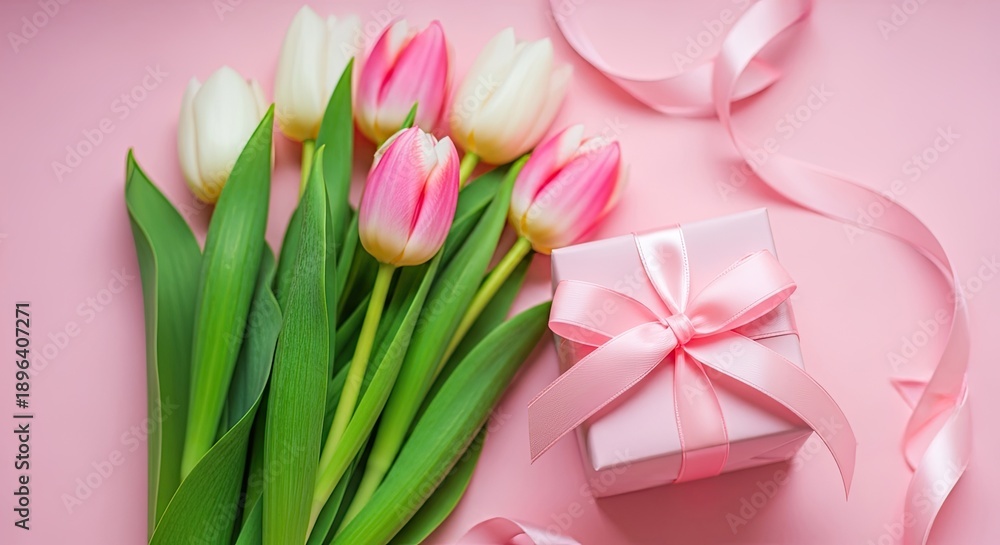 Fototapeta premium Beautiful tulips and gift box for mother's day celebration