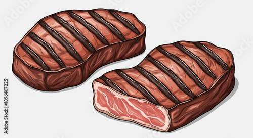 Two juicy grilled steaks with grill marks on a plain background.