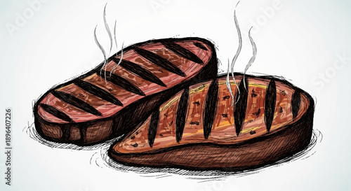 Two juicy grilled steaks with grill marks and steam.