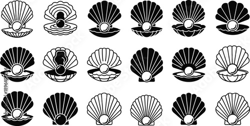 Collection of Open Seashell with Pearl Silhouette Vector Illustration, Nautical Maritime Oyster Jewelry Icons, Luxury Marine Treasure Graphics for Summer Ocean Design Template