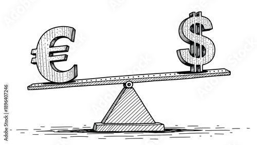 Sketch of a seesaw with a tilted balance, featuring a Euro symbol on the low side and a Dollar symbol on the high side, suggesting value comparison.