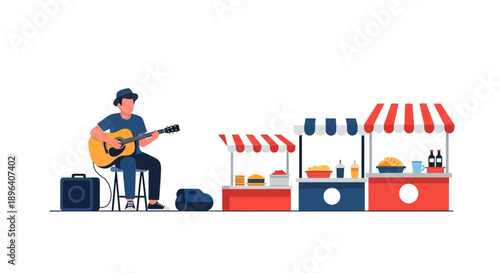 Cartoon street performer man playing guitar on stool, food stands, bag, and speaker visible in front view