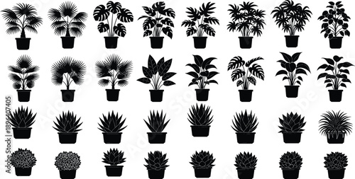 Collection of Potted Indoor Plant Silhouettes, Various Tropical Houseplant Icons Including Palms and Monstera, Botanical Greenery for Home Decor and Interior Design Vector