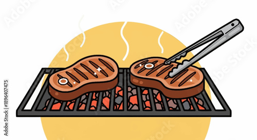 Two juicy steaks grilling on a barbecue with tongs.