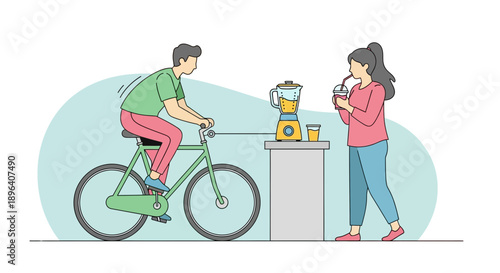 Man rides green bicycle toward woman at table with blender, delivering smoothie, view from side, cartoon illustration