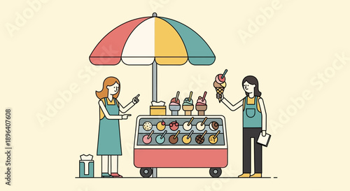 Vendor and Customer Exchange a Red Cone Under a Teal Umbrella at a Bright Ice Cream Cart
