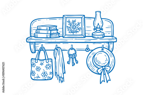 Vintage thrifting a simple line drawing of a shelf with various items on and hanging from it