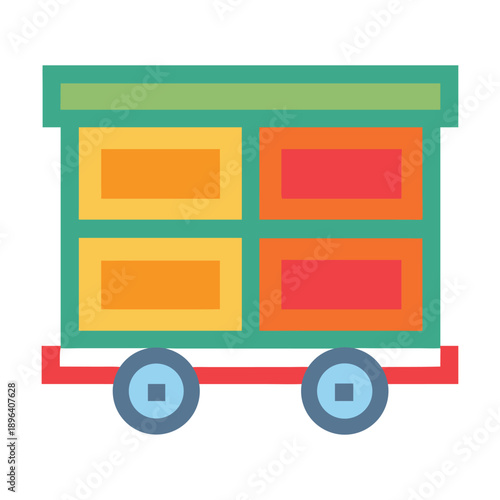 Colorful flat design icon representing a storage cart or wagon with four compartments, suitable for logistics or warehouse concepts, isolated on