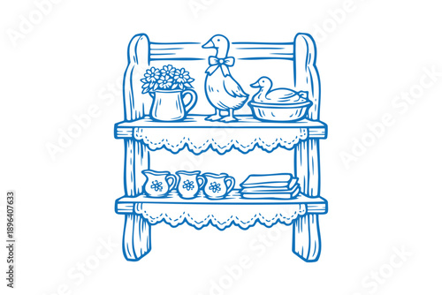 Vintage thrifting a simple blue line drawing of a wooden kitchen shelf with dishes and utensils