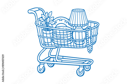 Vintage thrifting illustration of shopping cart full of groceries