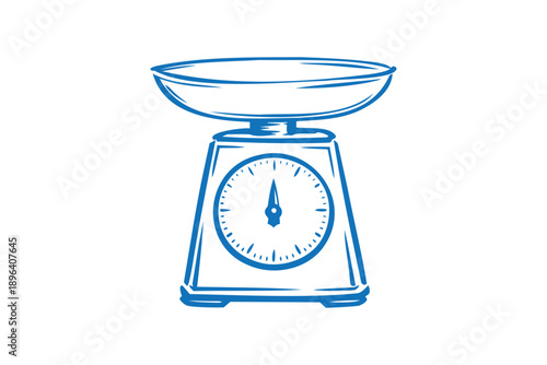 Vintage thrifting hand drawn sketch of a kitchen scale, analog weighing machine for ingredients