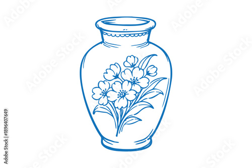 Vintage thrifting blue outline drawing of a decorative vase with flowers, handdrawn sketch style illustration