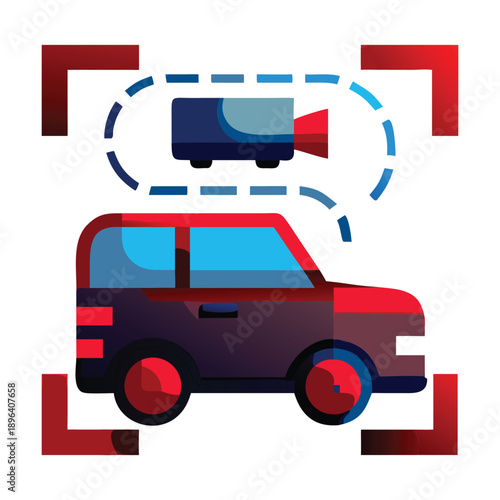 Car surveillance system icon showing a vehicle being monitored by a security camera with focus brackets, representing tracking technology and safety