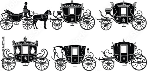 Collection of Royal Horse Carriage Silhouettes, Vintage Victorian Coach and Fairytale Chariot Icons, Ornate Transport Vector Art for Wedding and Historical Graphic Design