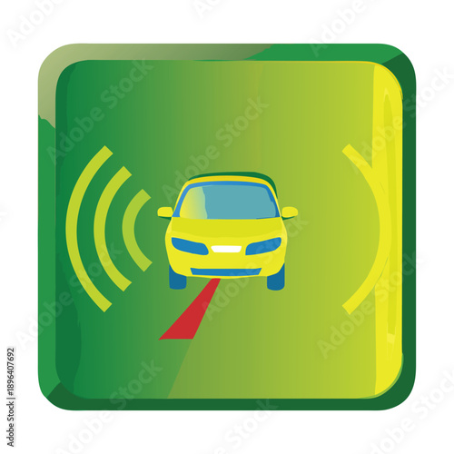 Front view icon representing a cars parking sensor system detecting an obstacle with sound wave graphic on a green glossy square button background