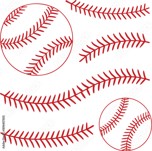 Baseball stitching patterns and balls on white background