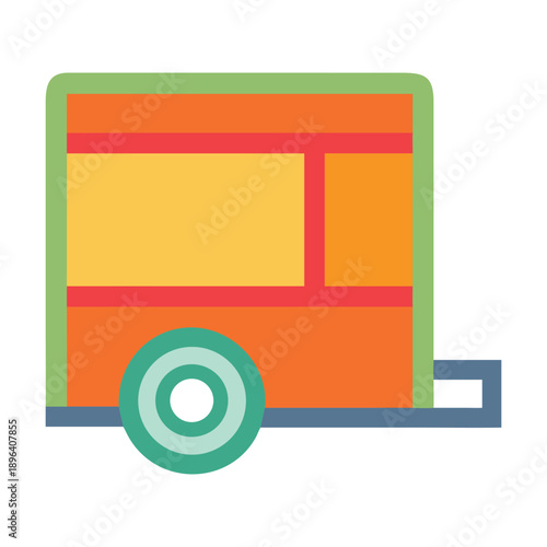 Simple flat design icon of a colorful food trailer or mobile vending cart with a single wheel, perfect for representing street food service or small business mobility