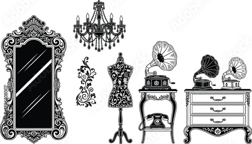 Collection of Vintage Victorian Furniture Silhouettes, Antique Mirror, Chandelier, Gramophone, Mannequin, and Dresser Icons for Luxury Interior Design and Retro Graphic Decor Vector