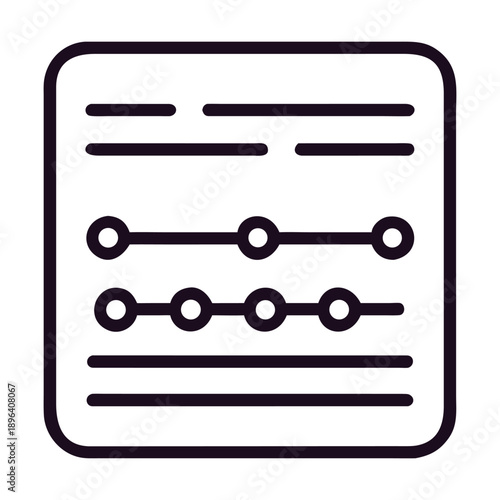 Simple dark line icon representing a settings panel or configuration interface with sliders and text placeholders inside a rounded square frame, perfect for user interface design