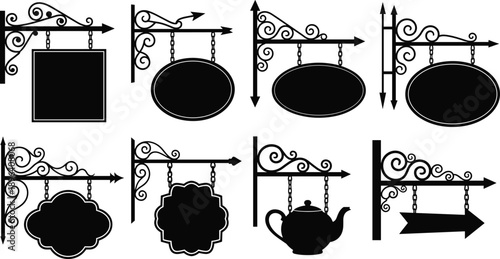 Collection of Vintage Wrought Iron Hanging Shop Signs, Decorative Ornate Metal Signboard Silhouettes for Boutique, Cafe, and Traditional Business Branding Graphic Design Vector