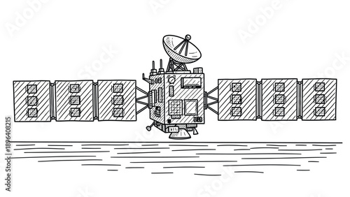 A hand-drawn satellite with large solar panels extends outward, featuring an antenna and various equipment. It hovers over abstract horizontal lines.