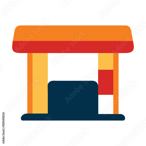 Simple flat icon illustration of a gas station pump canopy structure with a fuel dispenser unit below, isolated on