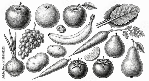 Vintage illustration of assorted fresh fruits and vegetables.