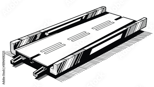 Black and white illustration of a futuristic train track, featuring sleek lines and geometric patterns, conveying a sense of modernity and innovation.