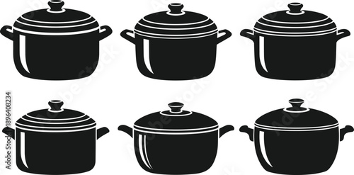 Cooking Pot Icon Set Vector Illustration, Black and White Kitchenware Silhouette Collection, Dutch Oven Casserole Pan Technical Drawing for Culinary Design Template,